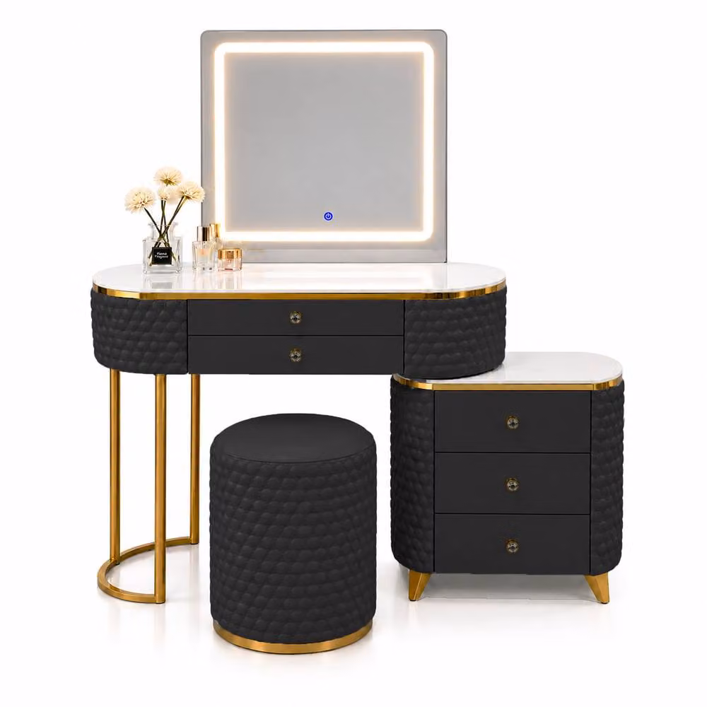 MN Furniture Modern Luxury Dressing Table with LED Mirror, Stool and Cabinet in Black, Width: 130 cm – 2