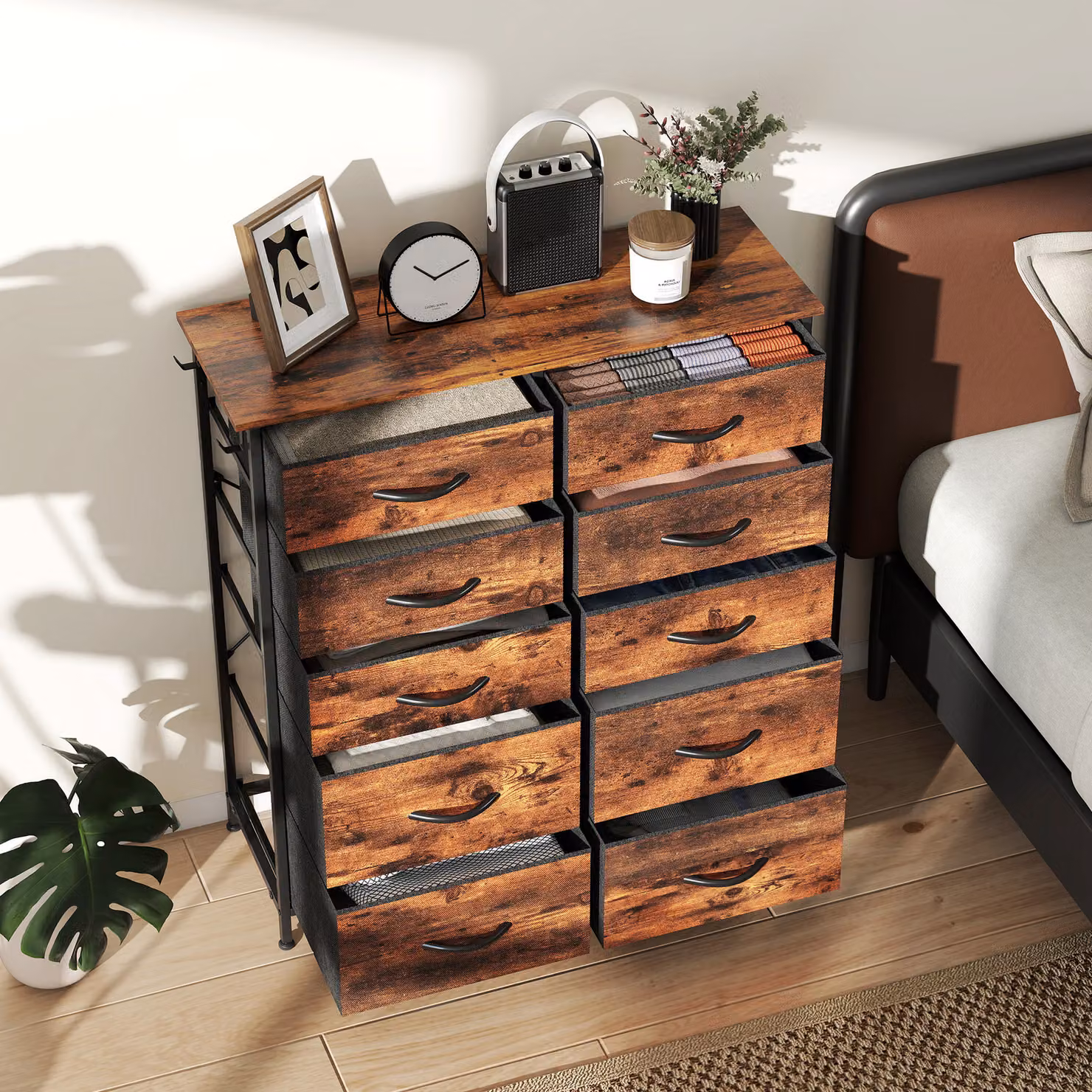 HOMCOM Chest of Ten Fabric Drawers in Rustic Brown – 8