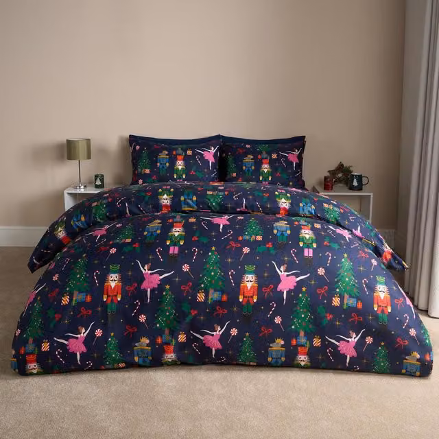 OHS Christmas Nutcracker Microfibre Bedding Set, Blue, 140 x 200 cm