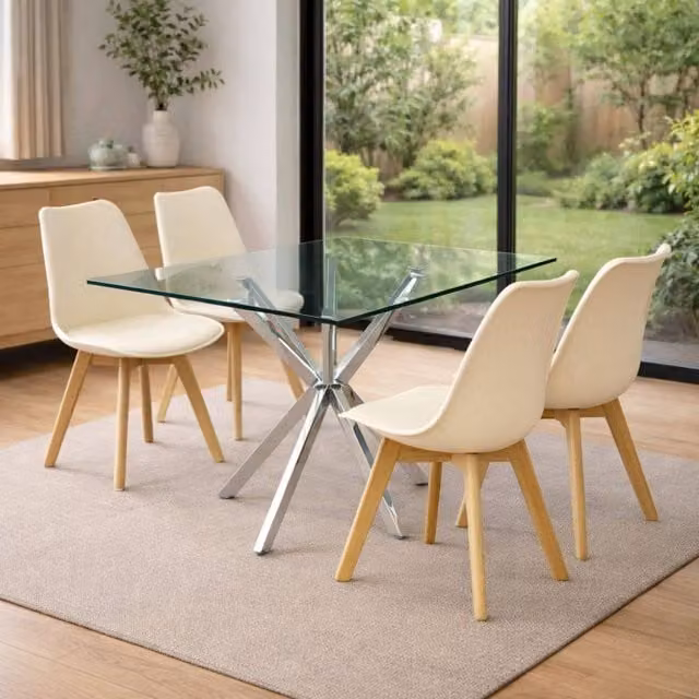 KOSY KOALA Modern Rectangular Glass Dining Table Set with 4 Beige Plastic Chairs, W/D/H: 120 x 70 x 75 cm – 1