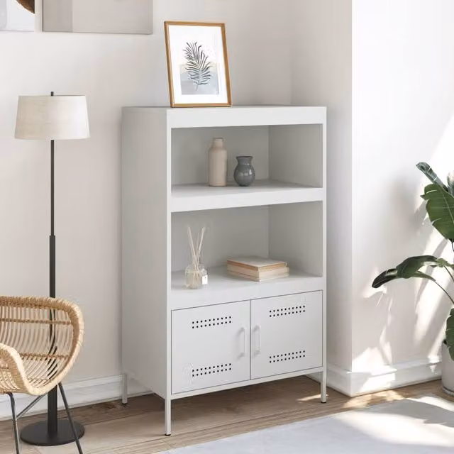 Berkfield Home White Metal Highboard with Hinged Doors and Internal Shelves, W/D/H: 68 x 39 x 113 cm