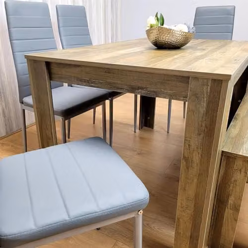 Kosy Koala Rustic Dining Table Set for 6 with 4 Grey Leather Chairs and 1 Bench in Brown – 2