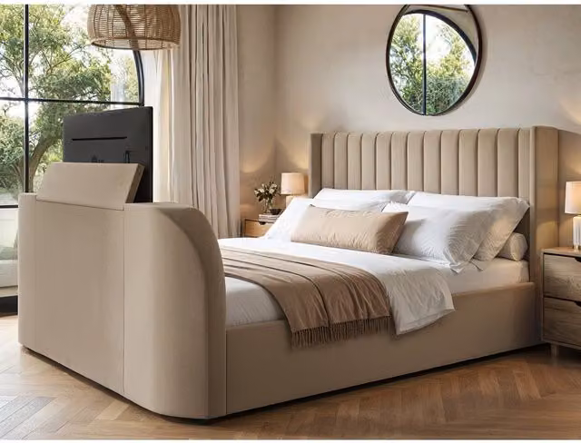 Flair Furnishings Fallon TV Side Lift Ottoman Bed in Beige Velvet, W/D/H: 180 x 200 cm – 1