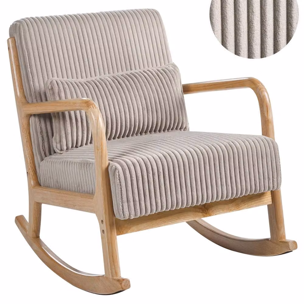 Wyld and Coco Beige Corduroy Rocking Armchair with Solid Rubberwood Frame – 2
