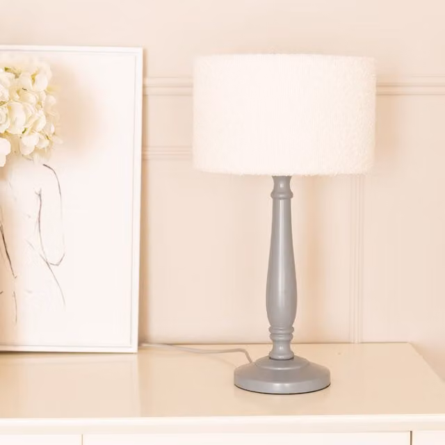 ValueLights Victoria Candlestick Grey Wood Table Lamp with Cream Boucle Drum Shade