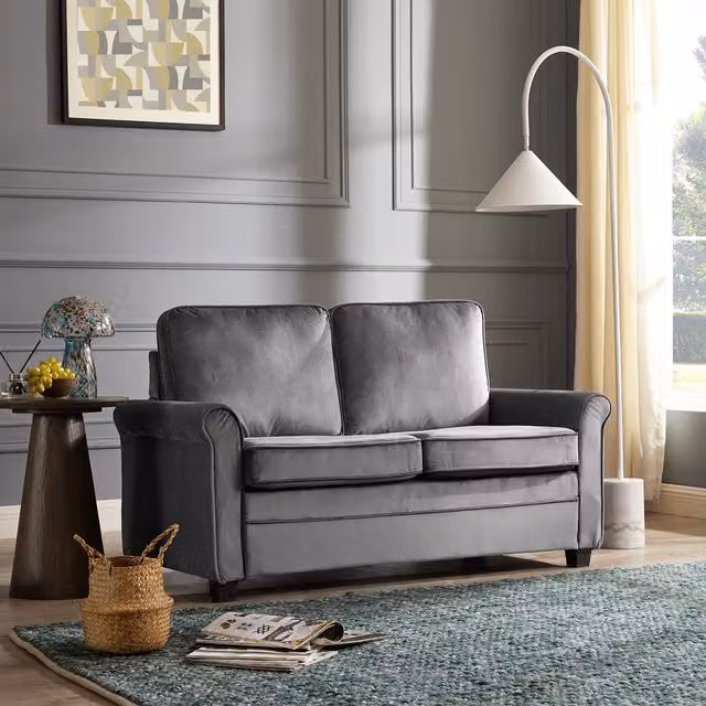 Natalia 2 Seater Grey Velvet Pull Out Sofa Bed with Mattress and Scatter Cushions