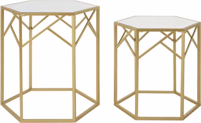 Orsina Set of 2 Hexagonal Nesting Side Tables in Gold with Glass and Metal Tops