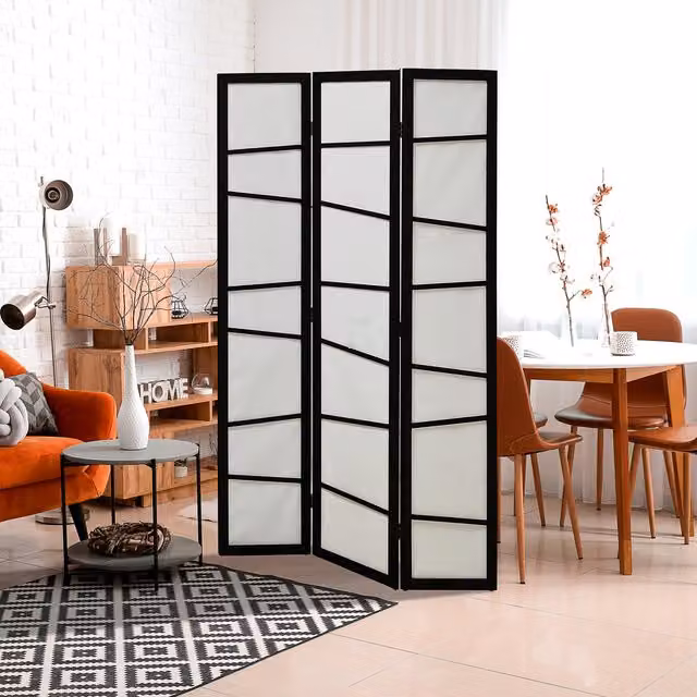 HOMCOM 3 Panel Folding Privacy Screen with Striped Design in White, H 170 x W 170 x D 3 cm
