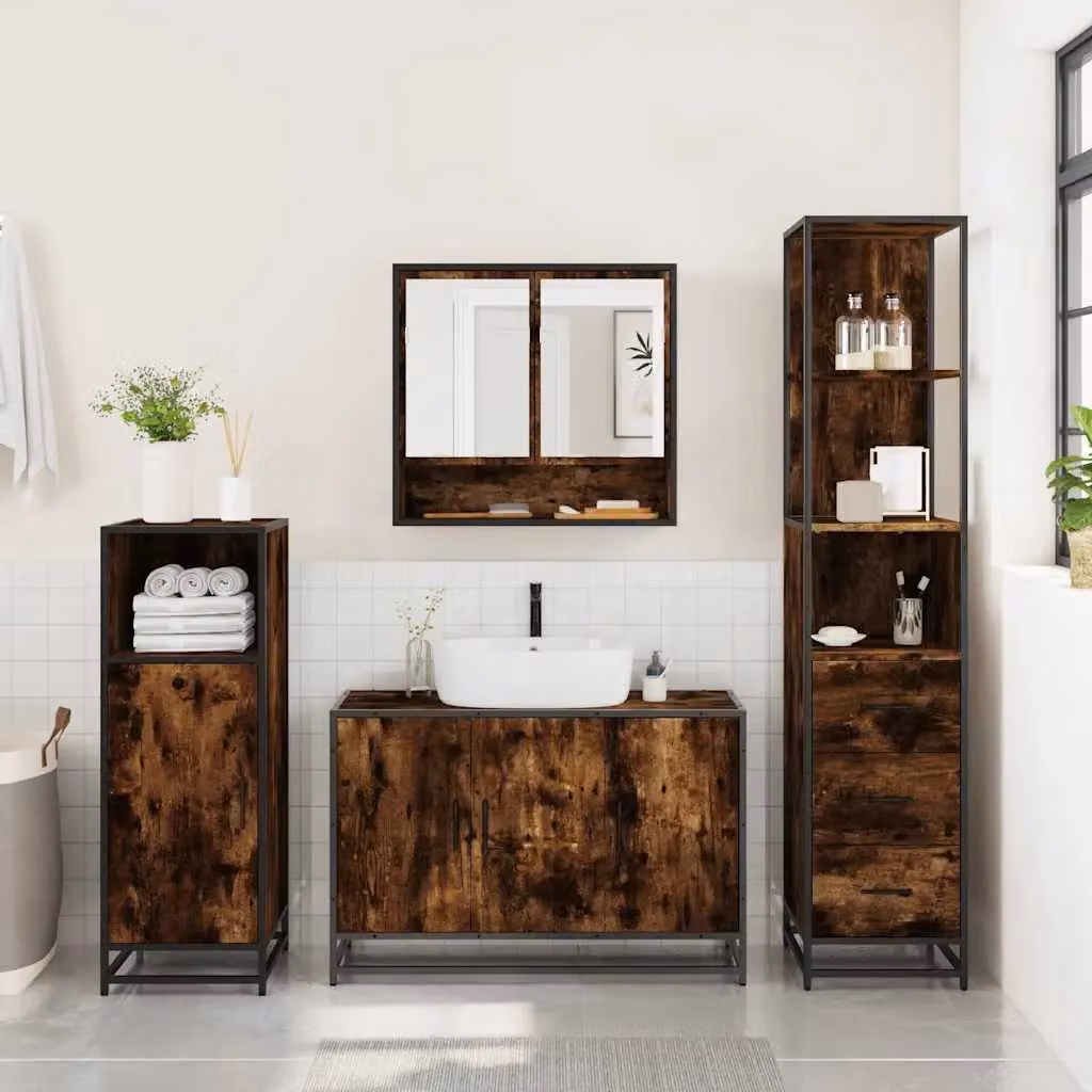Berkfield Home 3 Piece Industrial Bathroom Furniture Set in Smoked Oak Brown – 3