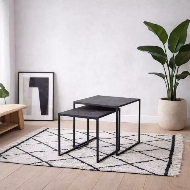 Wyld Haus Holbaeck Set of 2 Black Marble Effect Square Nesting Coffee Tables – 1