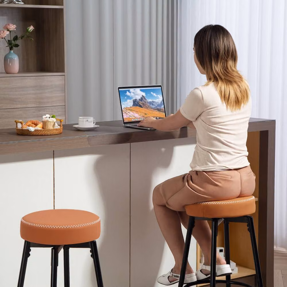 STILVORA Set of 2 Modern Swivel Bar Stools with Brown Faux Leather and Metal Frame – 7