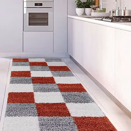THE RUGS Modern Checked Shaggy Area Rug in Grey and Multicolour, W/D/H: 80 x 300 cm – 2