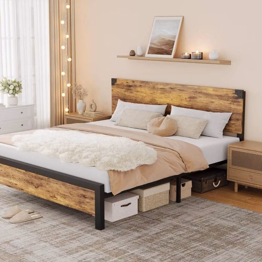 VOGREX Brown Wood Bed Frame with Headboard, Platform and Under-Bed Storage Drawers – 2