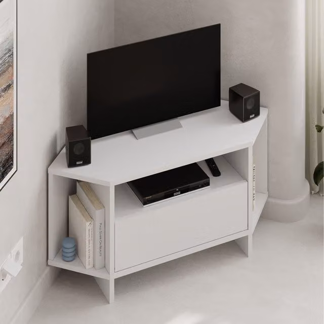 Decortie Viva Modern Corner TV Unit in White with Media Compartments, H 95.7 cm x W 45.3 cm x D 35.4 cm – 1