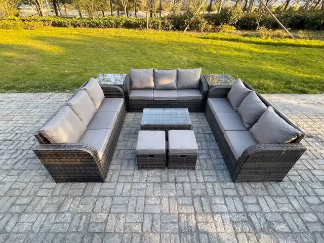 Fimous 11 Seater Rattan Outdoor Garden Furniture Set in Grey with Rectangular Coffee Table, 3 Seater Sofa, 2 Side Tables and 2 Footstools