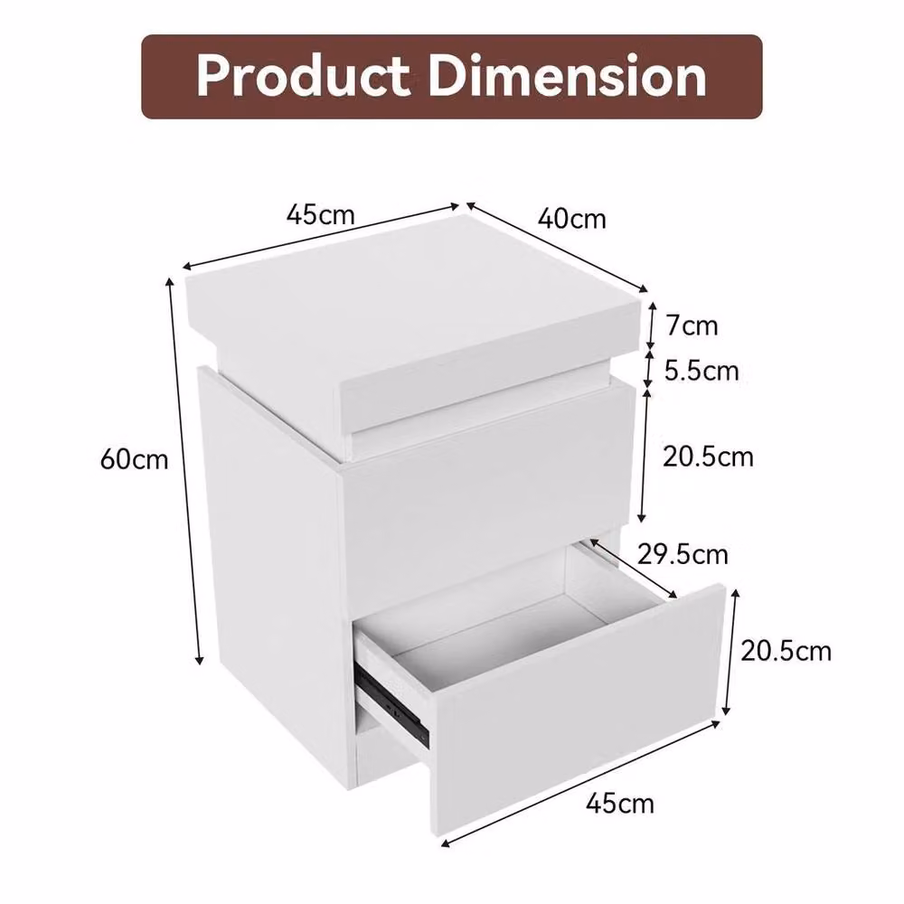EONLION White Bedside Table with 2 Drawers and Integrated RGB LED Lighting, Width: 100 cm – 2
