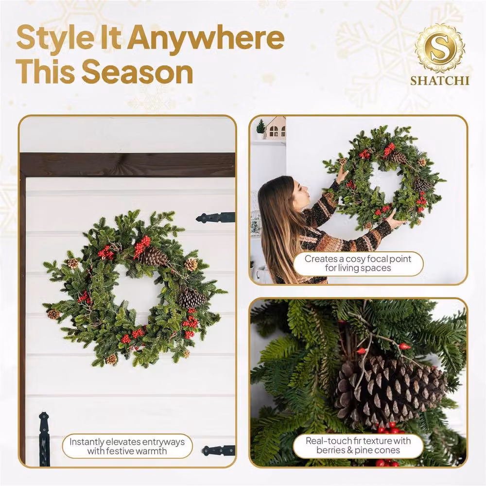 Shatchi Artificial Fir Christmas Wreath in Green and Red, Diameter: 60 cm – 6