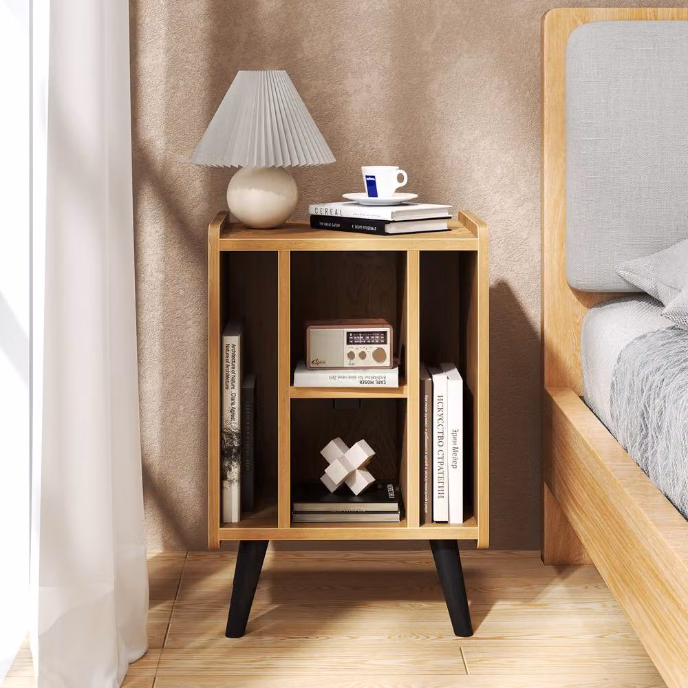 Gymax Raised Record Player Stand with Charging Station in Light Oak – 9