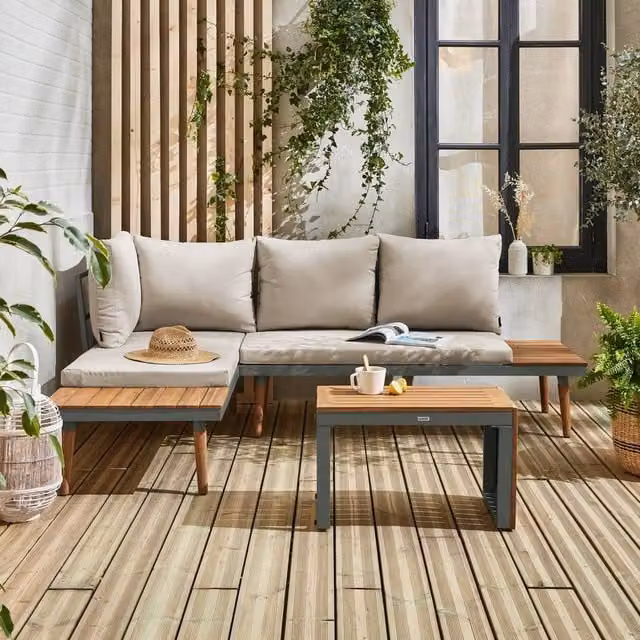 sweeek 4-Seater Modular Garden Lounge Set in Khaki with Aluminium and Acacia Wood – 1