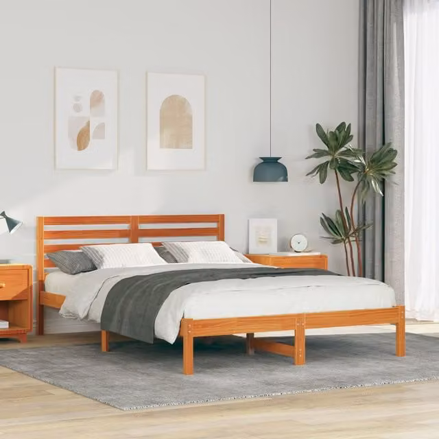 Berkfield Home Wax Brown Solid Pine Wood Bed with Headboard W/D/H: 140 x 210 x 80.5 cm