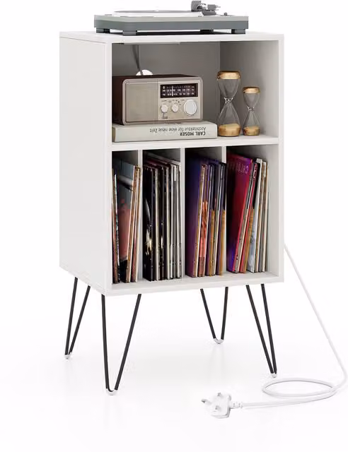 COSTWAY 3 Tier Vinyl Record Storage Table with Charging Station and Media Compartments, White