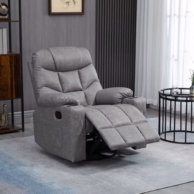 HOMCOM Manual Swivel Relax Recliner Chair in Grey Faux Leather – 2