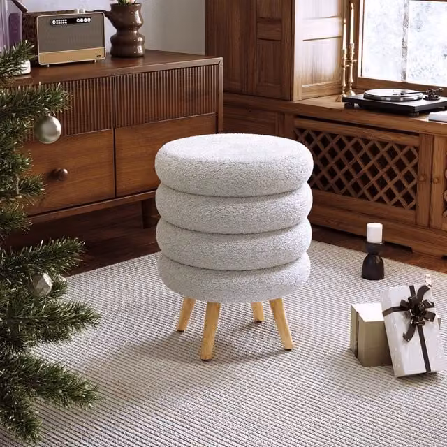 Livingandhome White Teddy Bear Fur Bouclé Footstool with Wooden Legs
