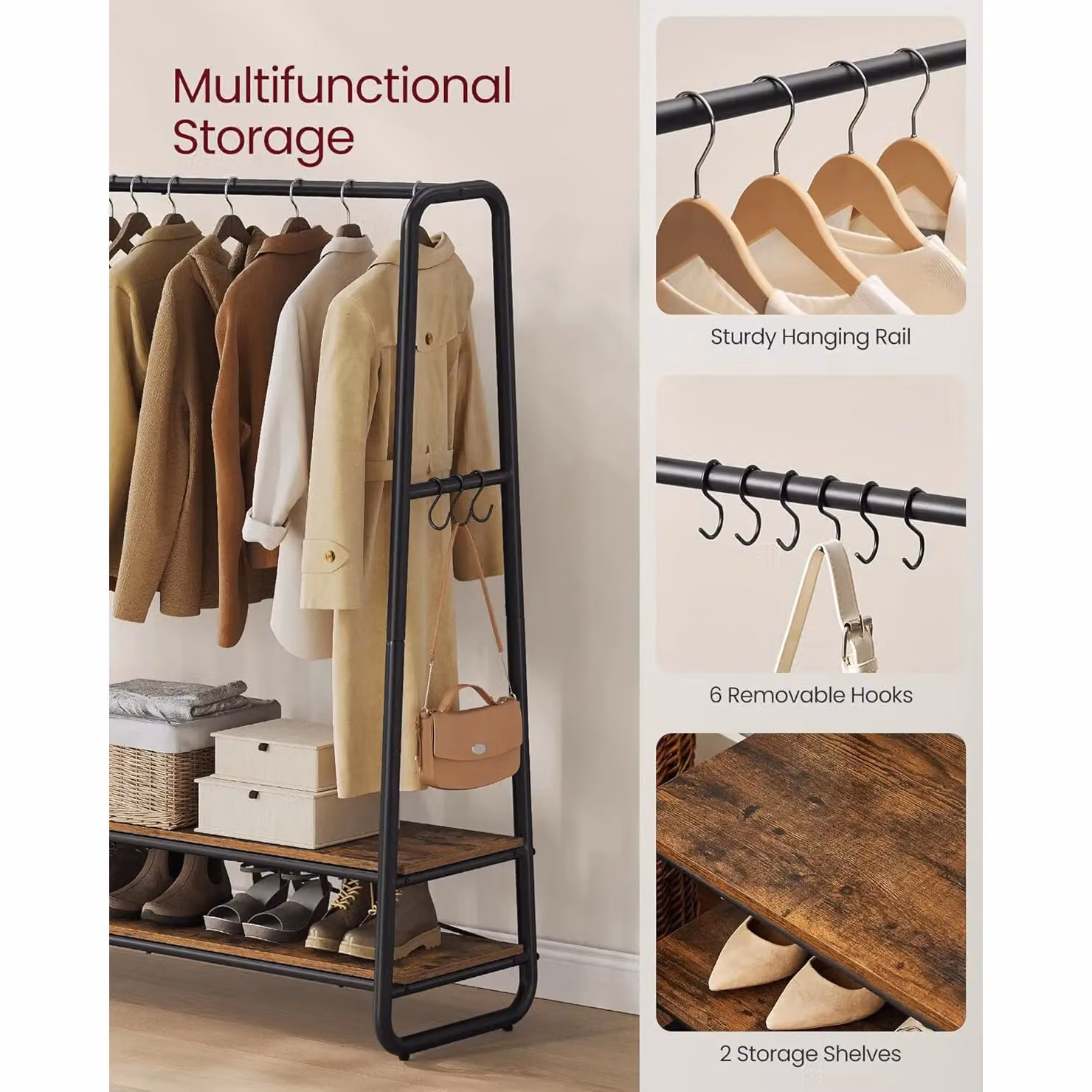 VASAGLE Industrial Bedroom Garment Rack with Shelves and Dual Hook and Rail Matrix in Brown and Black, W/D/H: 160 x 45 x 197 cm – 3