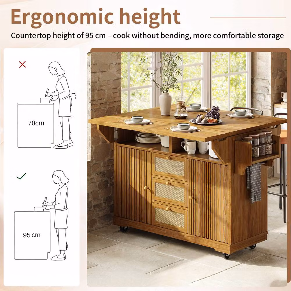 Rolipo Foldable Kitchen Trolley, 95 cm Ergonomic Serving Cart in Brown Wood and Rattan – 5
