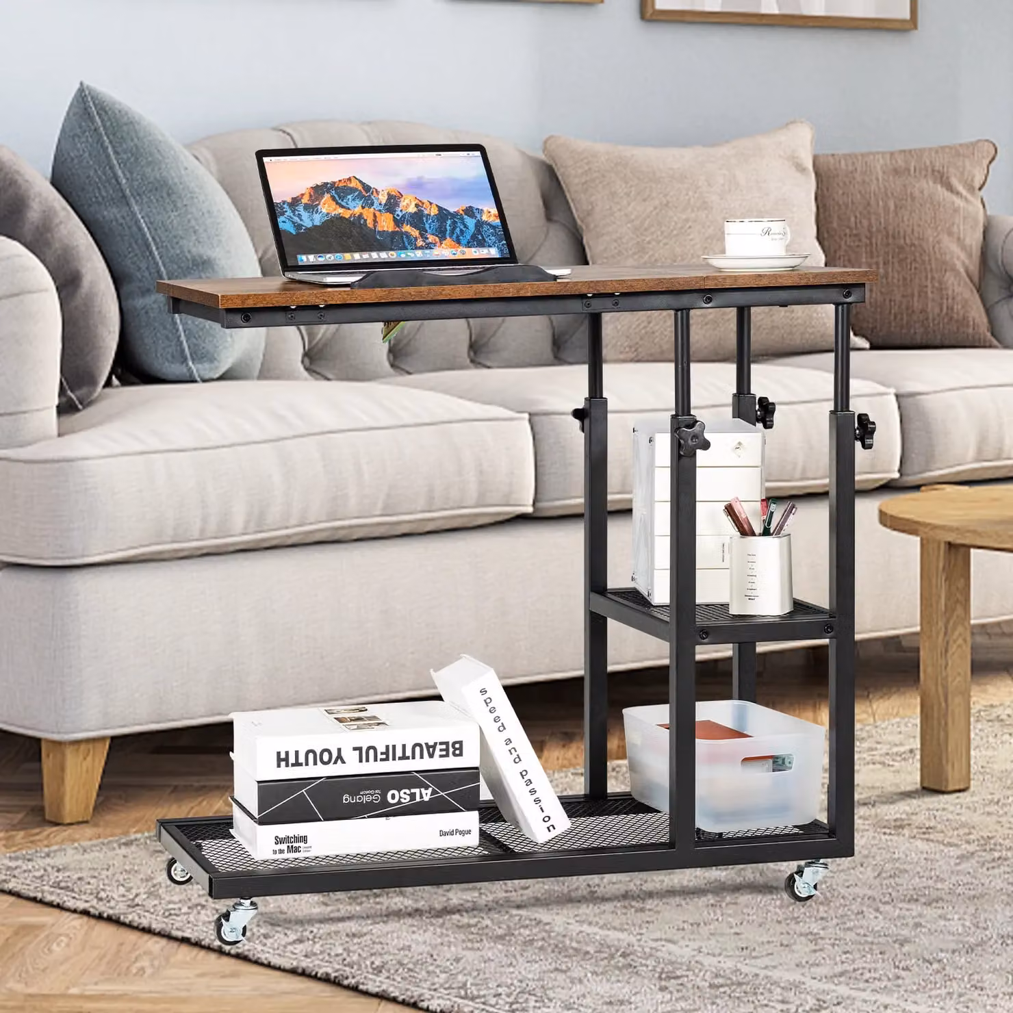 Costway C-Shaped Adjustable Bedside Table in Brown with Tiltable Tabletop and Wheels – 6