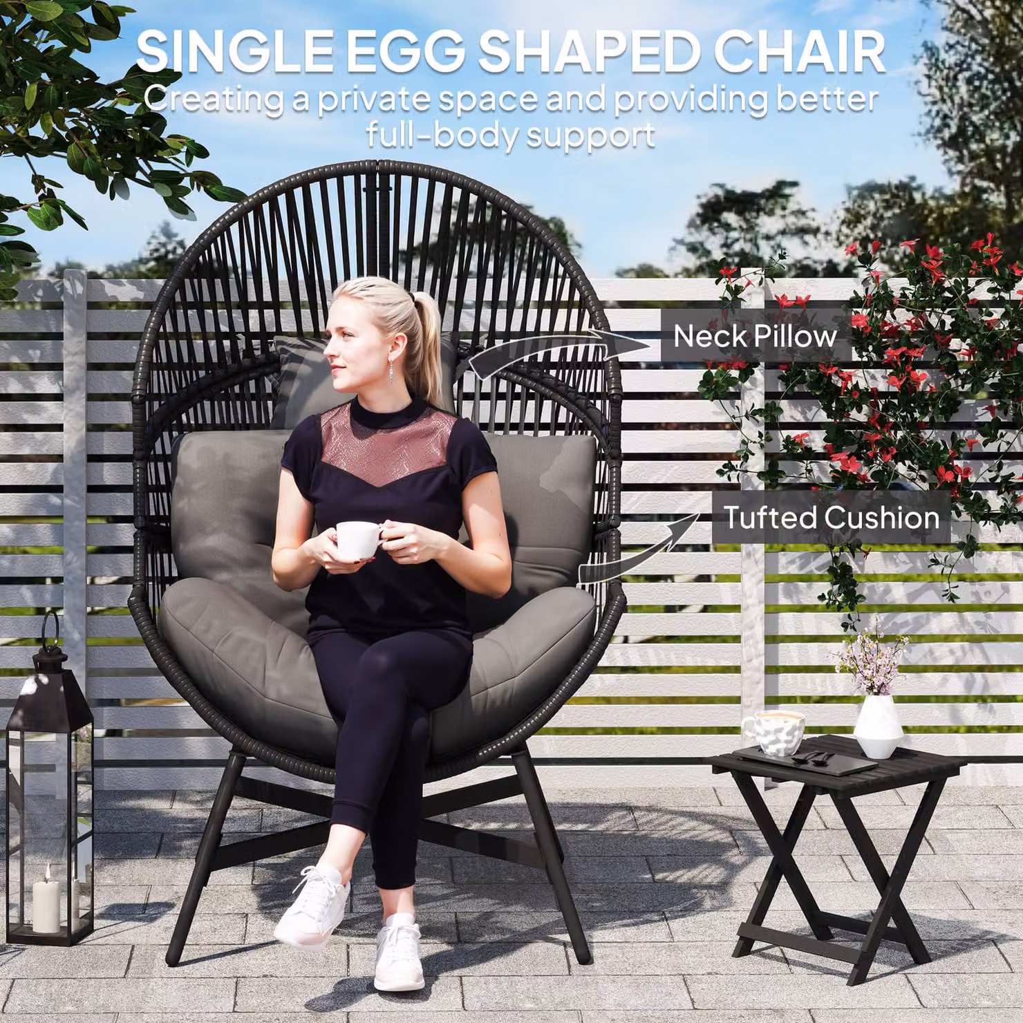 Outsunny Standing Rattan Egg Chair for Garden with Thick Cushions and Headrest, Charcoal Grey – 5