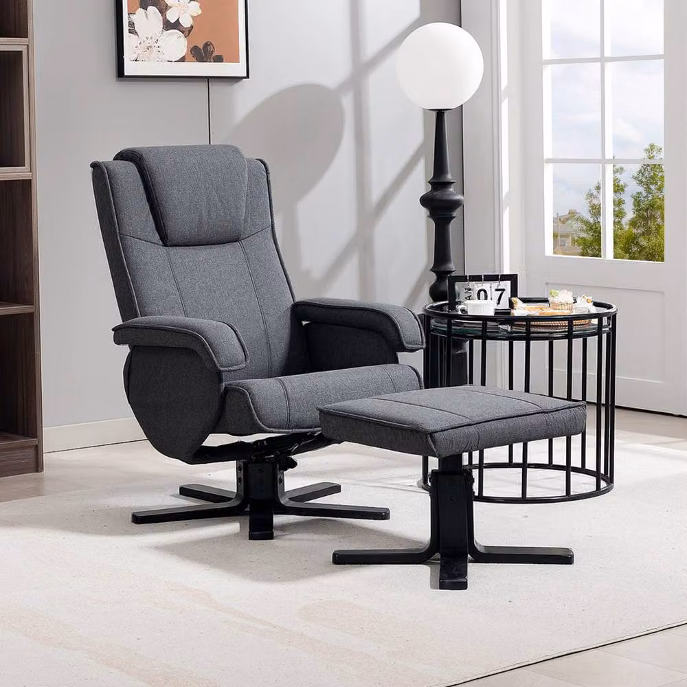 STILVORA Grey Linen Recliner Chair with Ottoman and 360 Degree Swivel Function – 2