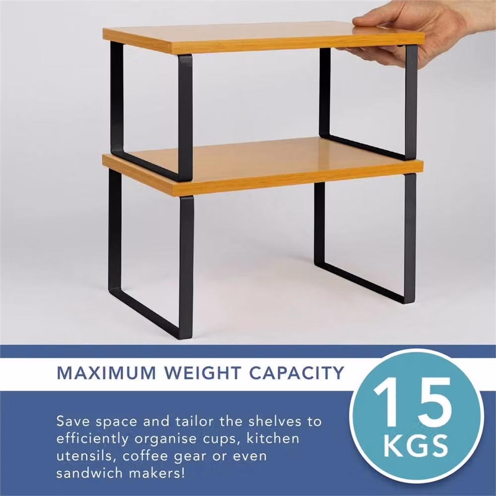 Nordara Stackable Kitchen Cupboard Shelf Organiser, Natural and Black, Set of 2 – 2