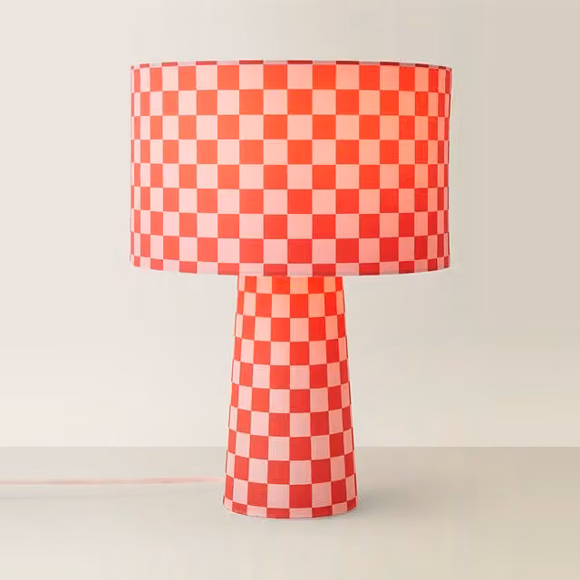 Pritchard Checkerboard Fabric Table Lamp with Cylinder Drum Shade in Pink and Red