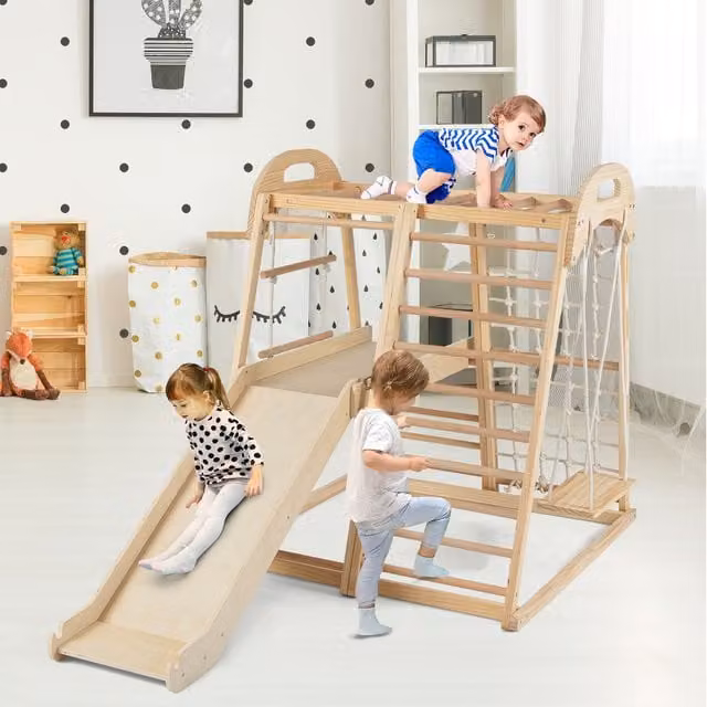 Costway 8-in-1 Jungle Gym in Brown and Beige with Wood, Cotton and Metal