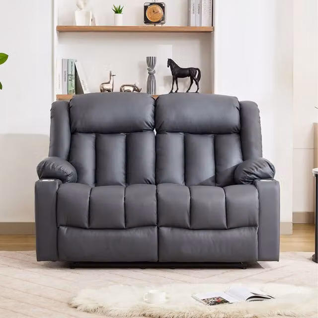 Sheridan 2 Seat Manual Recliner Sofa in Grey with Cup Holders and Synthetic Leather Upholstery