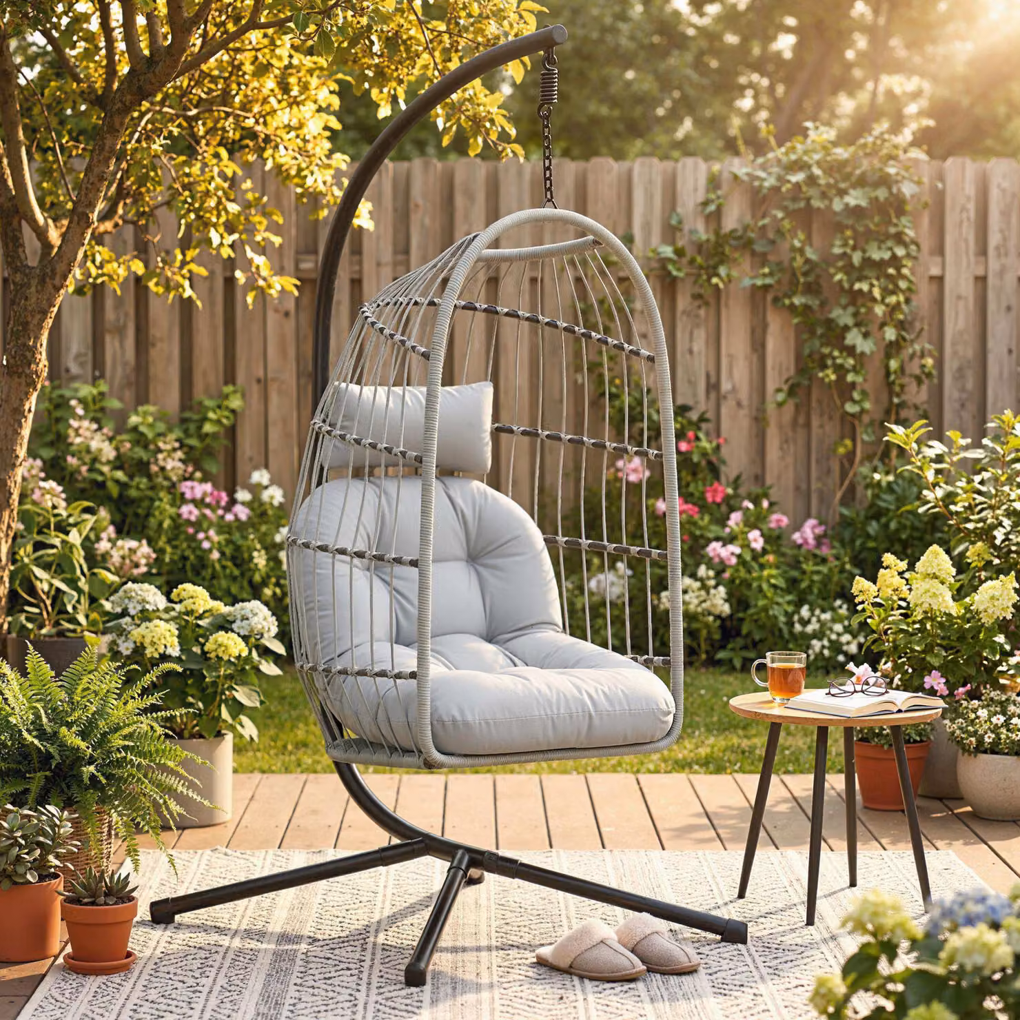 Outsunny Hanging Egg Chair with Stand and Cushions, Light Grey Indoor Outdoor Hammock Swing Chair – 2
