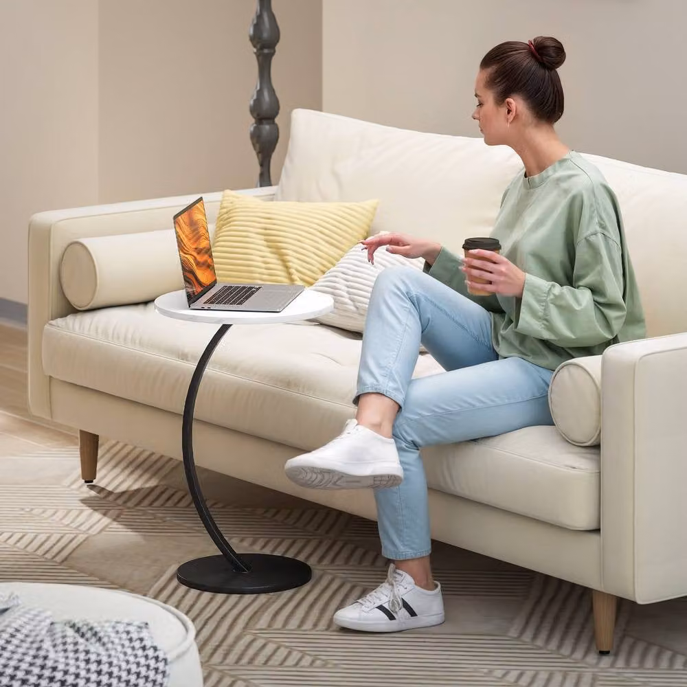 STILVORA White C Shaped Side Table with Metal Frame and Round MDF Top – 6