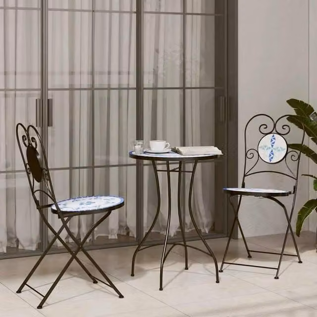 Berkfield Home Mosaic Bistro Set in Blue and White with Ceramic and Metal Construction – 1