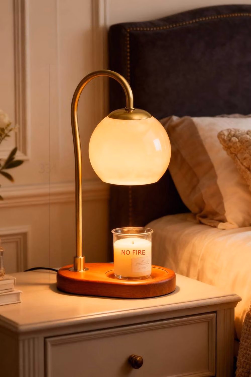 Living and Home Dimmable Candle Warmer Lamp in Gold/Brass and Wood with Transparent Glass Shade – 2