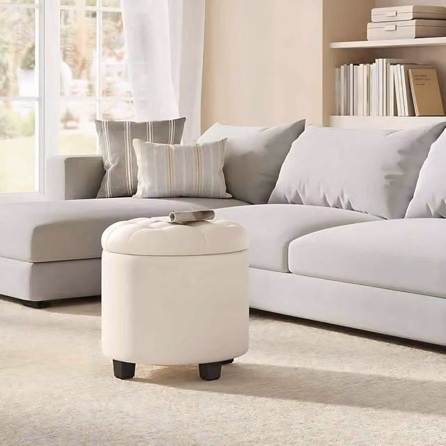 The Bazaarist Round Storage Ottoman Stool with Legs in Beige Linen Look – 1