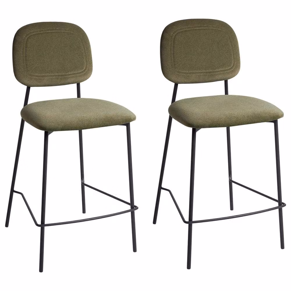 Wyld and Coco Set of 2 Olive Green Velvet Counter Height Bar Stools with Black Iron Legs – 2