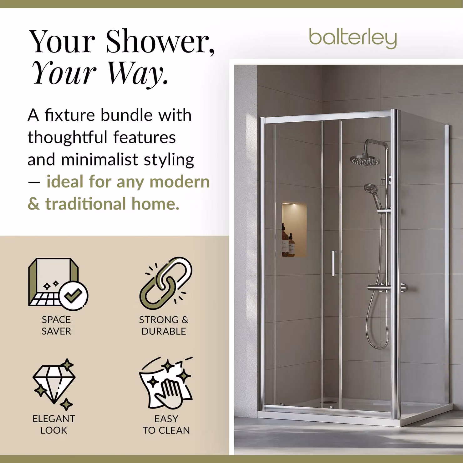 Balterley Ruwa Sliding Shower Suite with Rectangular Tray and 6mm Glass Door Panel, Silver, W: 1000 mm, D: 900 mm, H: 190 mm – 2