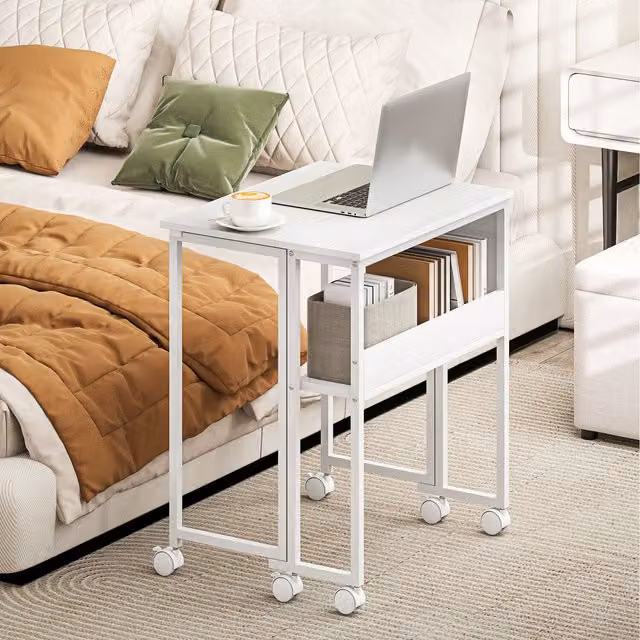 HOMCOM White Folding Computer Desk with Drop Leaf, Open Shelf, and Castors
