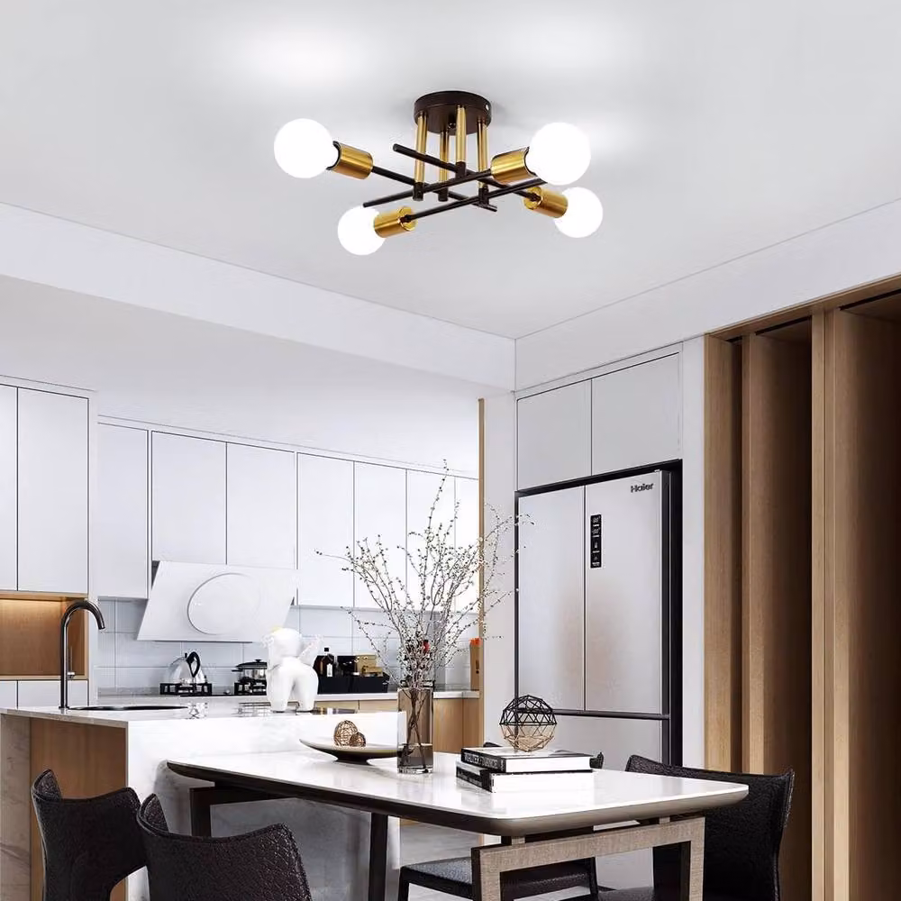 Goeco Industrial 4-Light Ceiling Chandelier in Black and Gold/Brass with E27 Fittings – 5