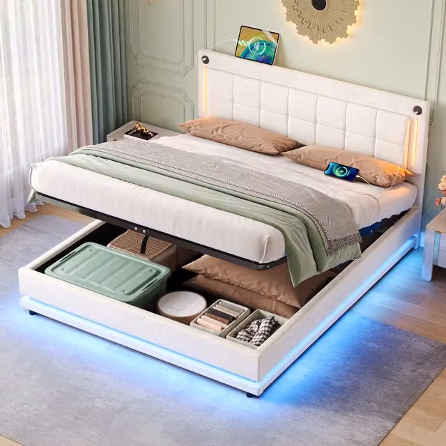 Aosom UK Beige Velvet Upholstered Bed with Hydraulic Storage, USB Charging Port and LED Under-Bed Lighting, W/D/H: 180 x 200 x 152.4 cm – 1
