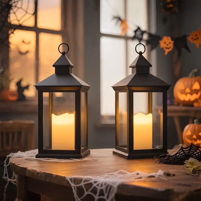 Bright Zeal Set of 2 Black Metal Decorative Pillar Candle Lanterns with Flicker Effect for Christmas Tabletop Decoration, Height: 35.56 cm