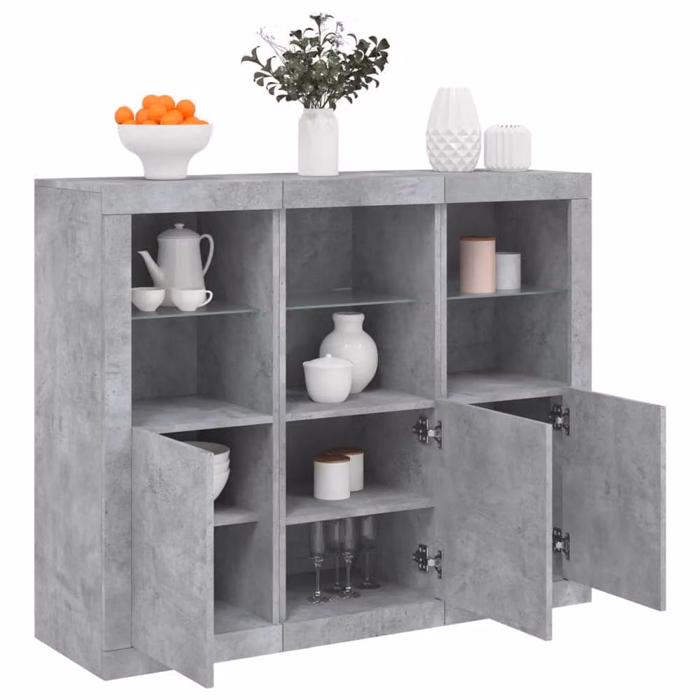 Berkfield Home 3-Piece Sideboard Set with LED Lights in Concrete Grey, MDF and Glass – 2