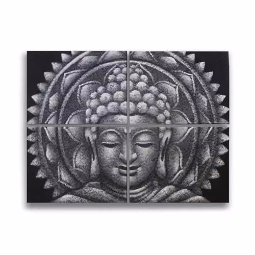 KDMD Set of 4 Grey Buddha Mandala Brocade Detail Hanging Wall Art, W: 30 cm, H: 40 cm