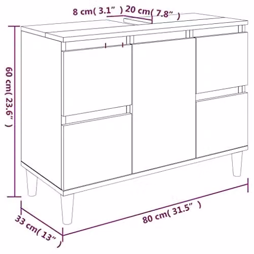 vidaXL Freestanding Bathroom Sink Cabinet in Brown Oak, W: 80 cm, D: 33 cm, H: 60 cm – 3